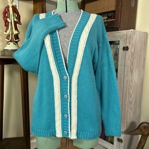 Vintage 80s Aqua Blue & Off-white Oversized Retro Knit Sweater Cardigan